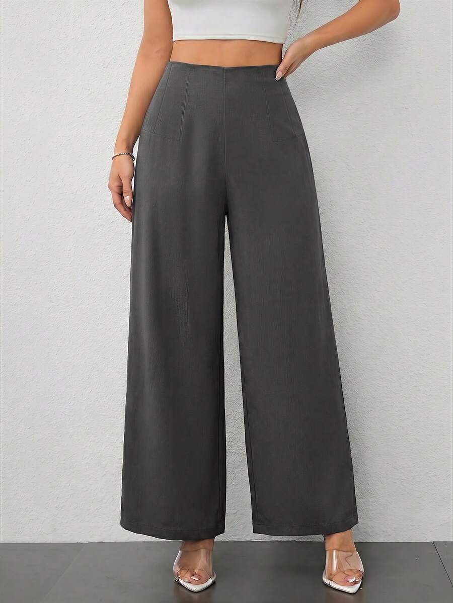 SHEIN PETITE 女款簡約休閒時尚開學季老錢風通勤高腰紋理寬腿長褲,適合嬌小女性 - 灰色 - 查看 1