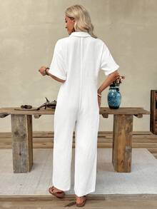EMERY ROSE Áo sơ mi jumpsuit nữ màu trơn tay ngắn, vạt cài nút nửa thân, phong cách casual cho đi du lịch - trắng - Xem 2