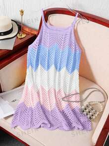 SHEIN Spring/Summer European And American Style Color Block Hollow Out Camisole Dress Cover-Up Versatile Outerwear For Girls And Big Girls - Multicolor - View 1