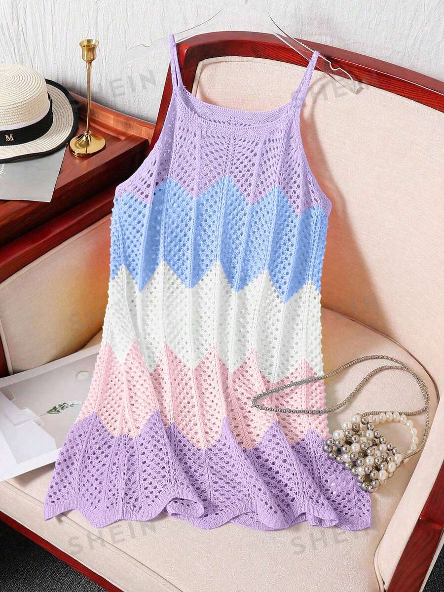 SHEIN Spring/Summer European And American Style Color Block Hollow Out Camisole Dress Cover-Up Versatile Outerwear For Girls And Big Girls - Multicolor - View 1