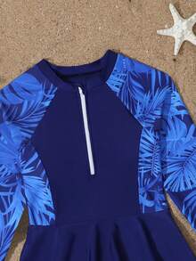 SHEIN 青少年女孩坦基尼兩件式泳衣套裝，長袖拉鍊上衣搭配花卉圖案拼接與黑色裙襬，配對花卉拼接長褲 - 藏蓝色 - 查看 4