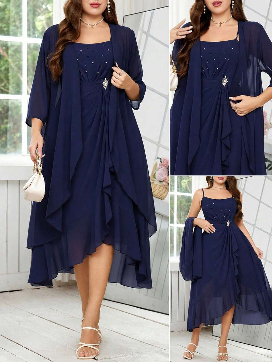 Reflora Conjunto de 2 piezas para mujer talla grande con bata exterior de unicolor de manga 3/4 y vestido camisola elegante plisado decorado con strass - Azul Marino - Ver 1