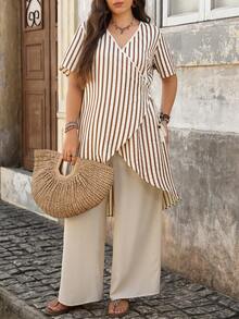 Lacomfia Plus Size Women's Beige Casual Boho 2-Piece Set, Long Loose Fit Top With Beads, Tassels And Drawstring, Paired With Wide Leg Pants, Vacation - Khaki - View 5