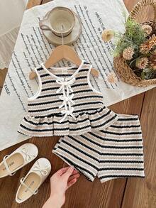 Baby Girl Knitted Striped Round Neck Tank Top And Shorts ,3 Sets, Get 1 Set Random - Black and White - View 4