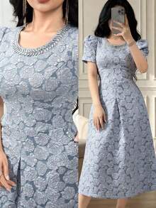 Feyla Plus Size Women's Jacquard Round Neck Short Petal Sleeve Elegant Dress Wedding Light Blue Summer - Blue - View 3