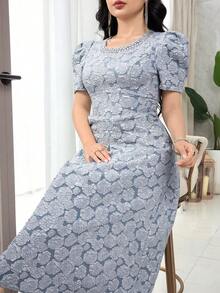Feyla Plus Size Women's Jacquard Round Neck Short Petal Sleeve Elegant Dress Wedding Light Blue Summer - Blue - View 6