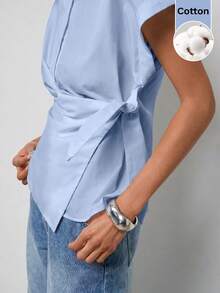Maija Women's Summer Casual Solid Color Tie Wrap Shirt - Blue - View 8