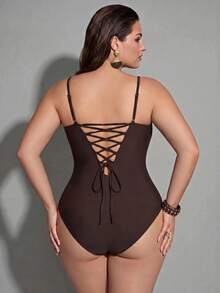 Shapewave Plus Size Women's Solid Color Beaded Detail Fashionable One-Piece Swimsuit Beach Brown Summer Sexy - Coffee Brown - View 2