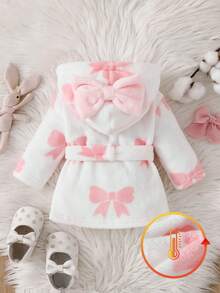 SHEIN 秋冬雙面法蘭絨蝴蝶結印花女嬰新生兒浴袍睡袍 - 粉色 - 查看 7