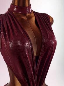 Amplova Women's Tight Burgundy Jumpsuit Backless Deep V-Neck Waist Cutout Snake Skin Pattern Stretchy Summer Club Night Out Night Rave Avant-Garde Sexy - Burgundy - View 8