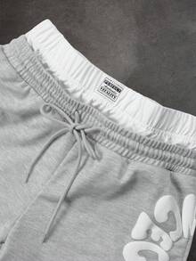 SLATEMANN Men's Letter Print Drawstring Waist Loose Fit Casual Sweatpants Sweatpants Grey Stacked Sweat Pants - Grey - View 3