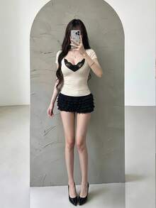 Coolane 女款夏季外出時尚可愛優雅彈性舒適V領T恤 - 杏色 - 查看 2