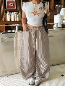 Muchica Plus Size Women Striped Casual Versatile Daily Wear Wide Leg Pants - Multicolor - View 5
