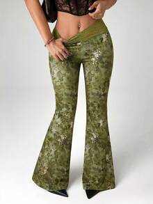 SHEIN ICON 夏季 Y2k 女款外出西式波希米亞風綠色度假腰果花紋喇叭褲 - 軍綠色 - 查看 2
