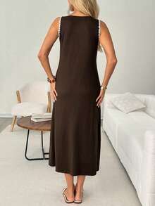 SHEIN LUNE Women's Casual Colorblock 2 In 1 Summer Vacation Commute Brunch Daily Basic Fashion Outing Sleeveless Midi Dress Brown And White Summer Outfits - Dark Grey - View 4