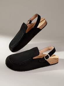 Solecia Sepatu slip-on datar wanita terbaru, sandal setengah belakang terbuat dari bahan suede imitasi, dengan desain tali belakang. Sederhana, nyaman, dan serbaguna, cocok untuk bepergian, berbelanja, berjalan-jalan, dan berlibur. - Hitam - View 6