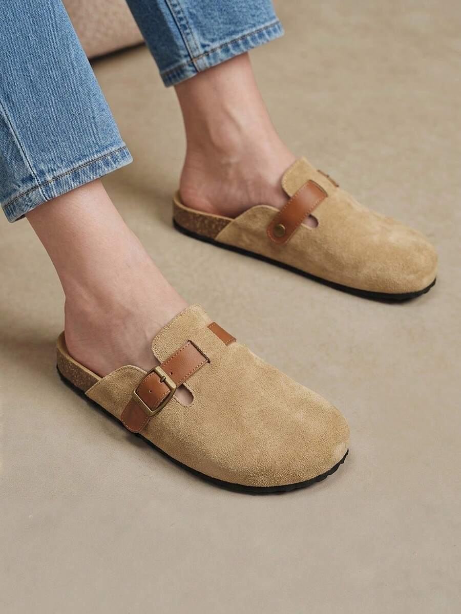Solecia 女款新款一腳蹬半包拖鞋,仿麂皮材質,舒適百搭 - 土咖色 - 查看 1