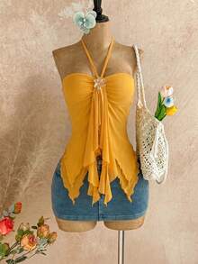 Soleia Women's Asymmetrical Hem Camisole With Seashell Decor, Suitable For Beach Vacation In Summer,Summer Top - Orange - View 5