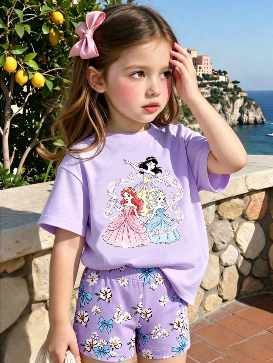 Summer Baby Girl Casual Multi-Piece Set, Brown & Apricot Leopard Print Cartoon Rabbit Pattern, Round Neck Short Sleeve T-Shirt & Shorts - Multicolor - View 1