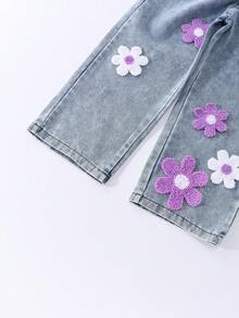 Souflis Souflis New Girls 4-7 Years Old Spring/Summer 2-Piece Set Sleeveless Top And Denim Long Pants With Embroidery Patch Design, Fashionable And Stylish For 4-7 Years Old Girls, Suitable For Daily Casual, Vacation, School, Travel, Outdoor Sports, Back To School - Multicolor - View 7