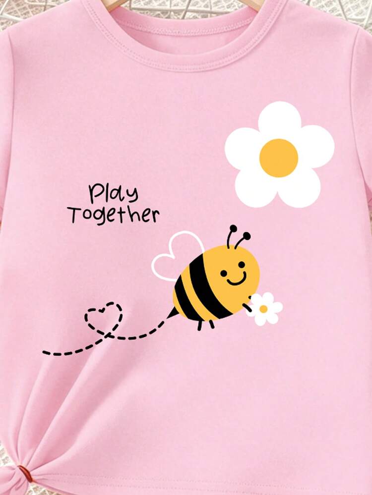 Blind Box Set 1pc Girls Toddler Bee Flower Heart Letter Print Basic Short Sleeve T-Shirt And Cycling Pants - Multicolor - View 6