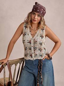 Freevana Top de punto bordado a máquina multicolor talla grande - Multicolor - Ver 4