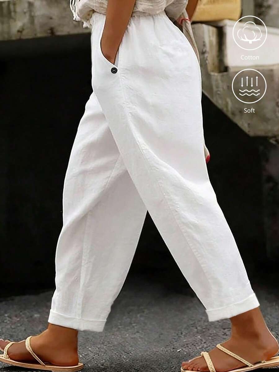 EMERY ROSE Plus Size Women Casual Cotton Solid Color Pants With Pockets Fall - White - View 1