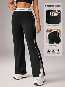 Dewbera Dewbera Women's Casual Letter Tape Contrast Piping Split Hem Straight Leg Sweatpants - Black - View 1