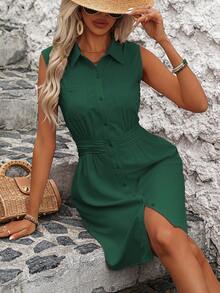 EMERY ROSE Patched Pocket Button Front Sleeveless Solid Shirt Dress Vacation Beach Outfits Women - Dark Green - View 6