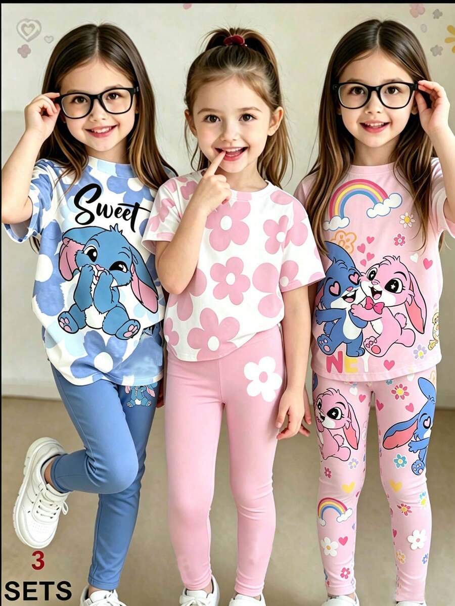 Young Girl Set, Multiple Prints Available: Blue White Rabbit, Pink Floral, Rainbow With Sweet Letter. Round Neck Short Sleeve, - Multicolor - View 1