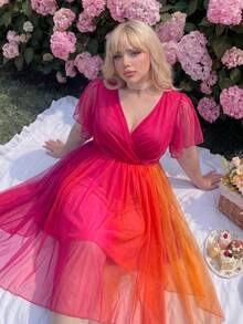 Lyrianda Plus Size Spring/Summer Punk Colorful Gradient Short Sleeve Asymmetrical Hem Dress - Multicolor - View 1