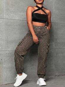 SHEIN SXY Plus Size Fashion Versatile Leopard Print Button Cargo Denim Jeans - Multicolor - View 5