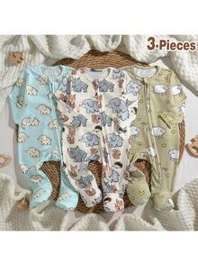 Loomiva Baju Bayi Laki-laki Baru Lahir Motif Kartun Gajah, Tupai, dan Domba 4 Musim Minimalis Nyaman Lengan Panjang Leher Bulat Resleting Lembut Ramah Kulit Rajut Bergaris untuk Rumah 3pcs/Set - MultiWarna - View 2