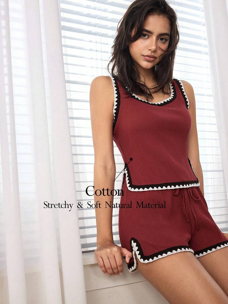 Ocili Bộ đồ ngủ nữ gồm áo không tay cổ tròn và quần short, phối màu tương phản. - Màu Đỏ Sâu - Xem 1