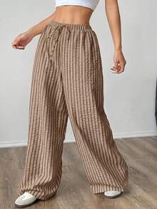 SHEIN PETITE CURVE 大尺碼女款紋理條紋繫帶寬鬆長褲 - 棕色 - 查看 3