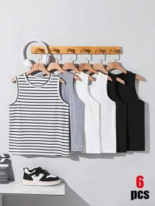 SHEIN 6pcs/Set Kids Tween Boys' Casual Street Versatile Crew Neck Undershirt Camisole,Suitable For Commuting,School,Daily Wear,Sports,Spring/Summer - Multicolor - View 10
