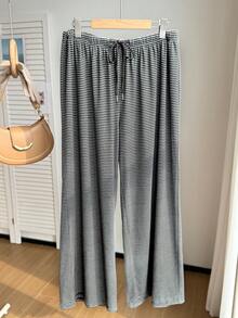 SHEIN CURVE+ 秋冬黑白條紋休閒百搭抽繩大尺碼長褲 - 深灰色 - 查看 3