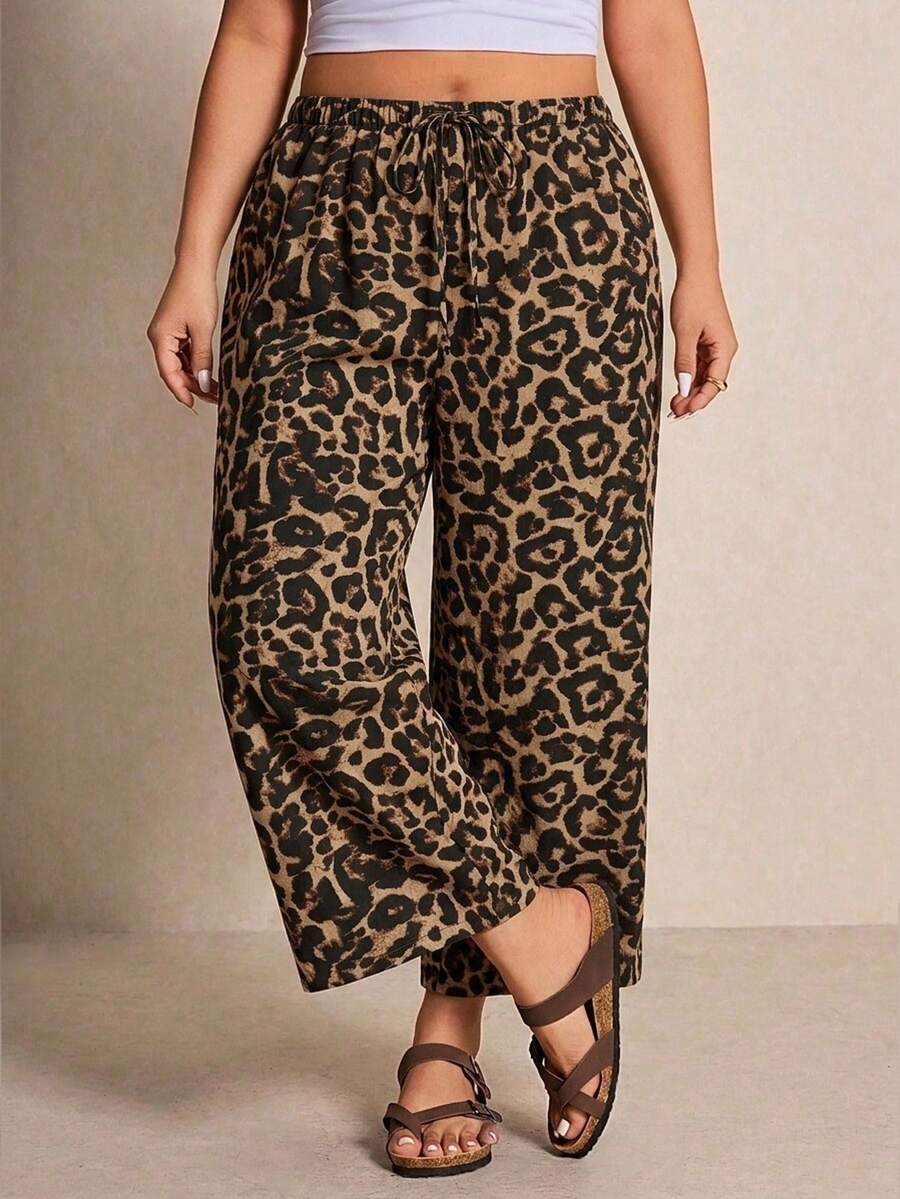 Elaquor 大码女式休闲豹纹抽绳阔腿裤