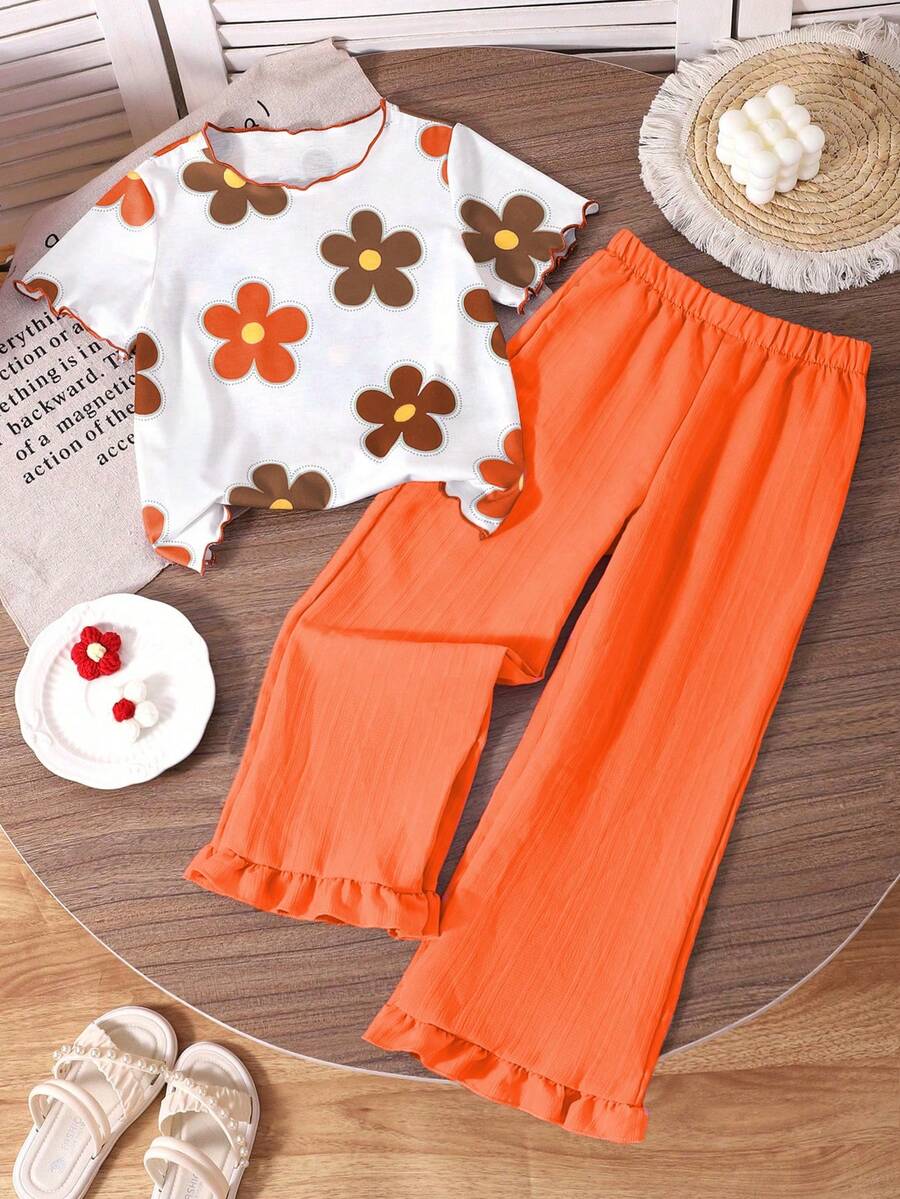 SHEIN Genkimix Kids Bộ quần áo bé gái áo thun ngắn tay họa tiết hoa viền bèo và quần dài màu trơn gấu bèo vân nổi - trái cam - Xem 1