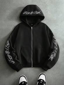 Manfinity Roghcode Men's Zip-Up Letter Pattern Hooded Sweatshirt - Black - View 3