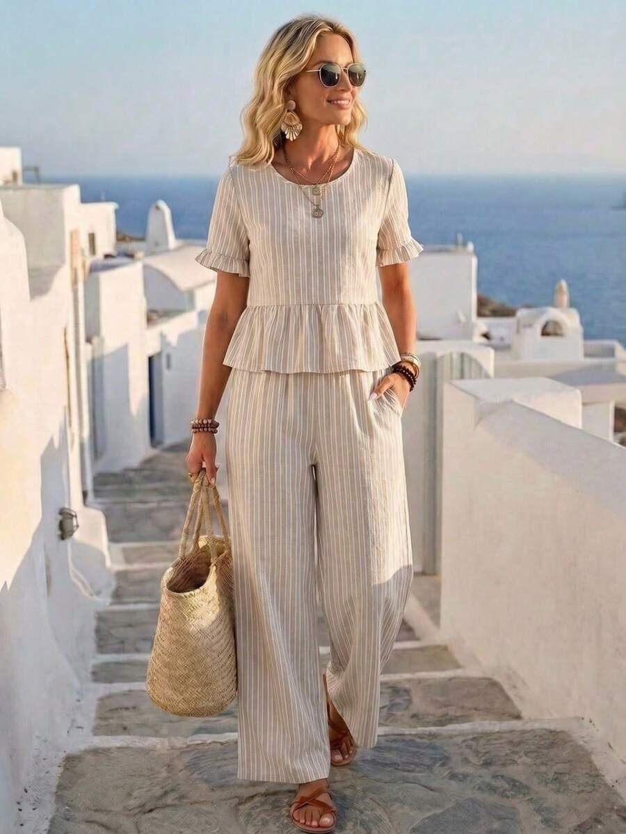 EMERY ROSE Regular Round Neck Casual Striped Versatile Women's 2 Pieces Set - Khaki - View 1