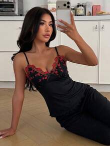 ZzzCrew Exquisite Mesh Embroidered Frill Trim Slim Fit Camisole & Long Pants Women's Pajama Set - Black - View 4