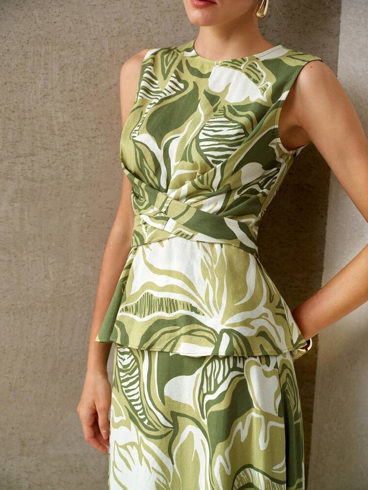 WOMEN'S SPRING/SUMMER LINEN BLEND PRINTED TOP AND SKIRT 2 PIECES SET