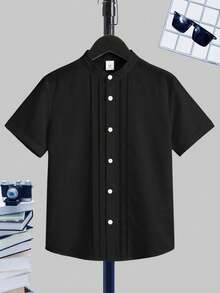 SHEIN Tween Boy Pleated Single-Breasted Short Sleeve Shirt For Casual Outings - Black - View 3