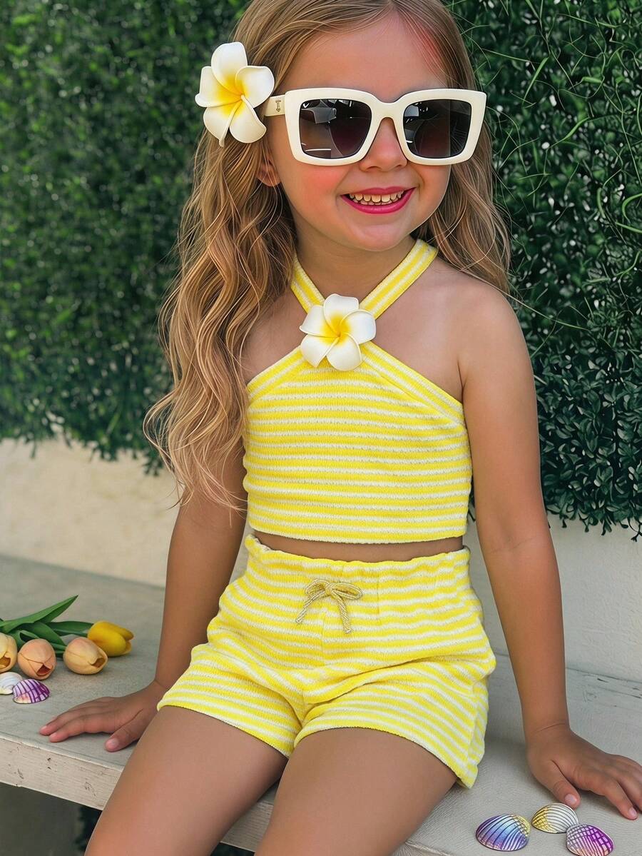Emery Rose Kids Emery Rose Kids 2件/組少女針織條紋3D花朵無袖上衣與短褲套裝,休閒夏季海灘度假穿搭,羅紋針織黃色 - 彩色 - 查看 1