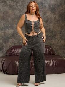 Lele Munniz Plus Size Women's Fashion Rhinestone Embellished Wide Leg Jeans Casual Black - Black - View 5
