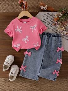SHEIN Playful Pals 嬰兒/幼兒(女童)粉色螺紋針織短袖T恤上衣 & 藍色長褲蝴蝶結套裝，時尚休閒蝴蝶結女童套裝 - 粉色 - 查看 3