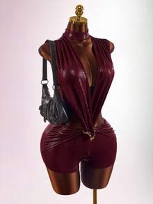 Amplova Women's Tight Burgundy Jumpsuit Backless Deep V-Neck Waist Cutout Snake Skin Pattern Stretchy Summer Club Night Out Night Rave Avant-Garde Sexy - Burgundy - View 5