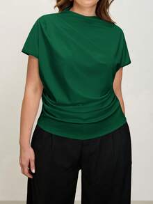 Comfylo Camiseta de mujer talla grande unicolor casual con fruncido y ajuste ceñido - Verde - Ver 4