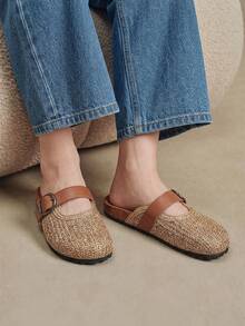 Solecia Women's Shoes Spring And Summer New Woven Grain Pattern, Gold Woven Tape Design, Buckle, Round Toe Design, Slip-On Exposed Heel, Comfortable And Simple Vacation, Women's Flat Shoes, A Must For Commuting, Casual And Versatile - Brown - View 7